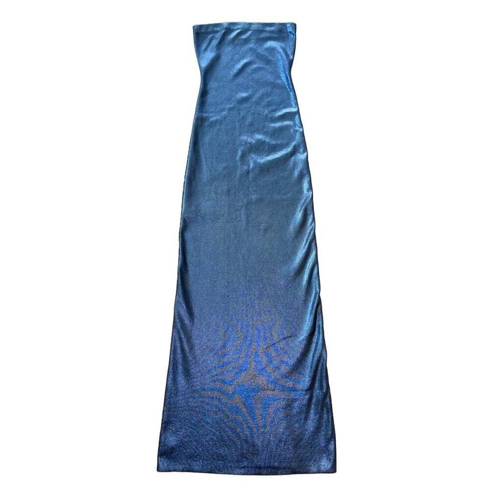 Zara Strapless Women’s Maxi Dress Size XS Blue Metallic Foil Bodycon